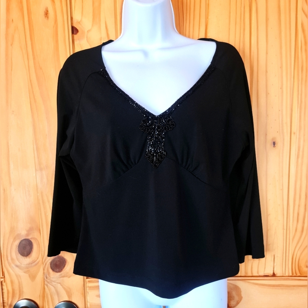 Rabbit Rabbit Rabbit Designs Beaded V Neck 3/4 Sleeve Black Knit Top EUC Size 12